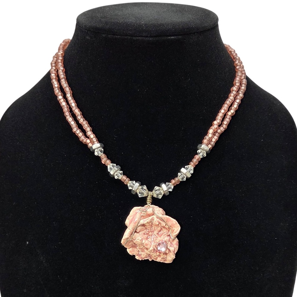 Pink Rose Pendant Necklace Two Strand Seed Bead Crystal‎ Accent Toggle Clasp